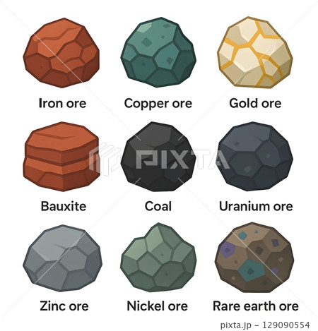 金属鉱石と資源素材のアイコンセット – 鉄鉱石・銅鉱石・レアアースなど9種 129090554