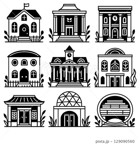 文化・教育施設のフラットアイコンセット – 学校・図書館・劇場など黒塗りシルエット 文化・教育施設のフラットアイコンセット – 学校・図書館・劇場など黒塗りシルエット 129090560