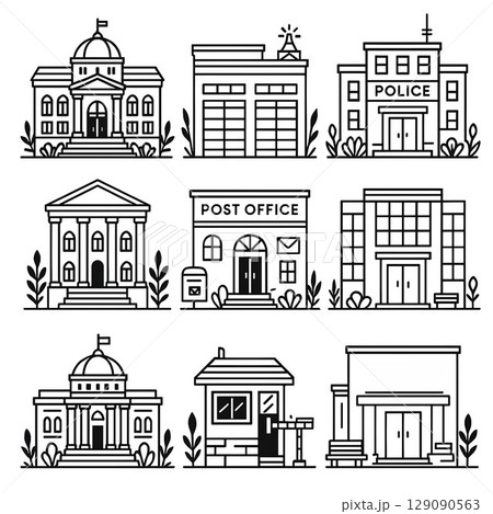 官公庁・地域インフラの黒塗りアイコンセット – 警察署・役所・郵便局など 129090563