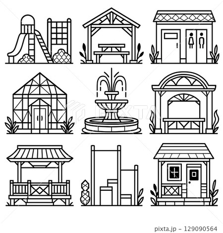 公園設備のラインアートセット – 遊具・東屋・温室・噴水・トイレ・休憩小屋 129090564