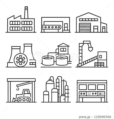 現代産業と製造拠点のラインアイコンセット 129090568