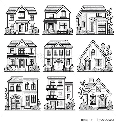 手描き風 さまざまな住宅の外観イラストセット（戸建て・タウンハウス・集合住宅） 129090588