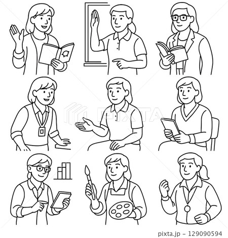 女性講師と専門職のラインアートセット – 教育者・アナリスト・医師などの職業人物イラスト 129090594