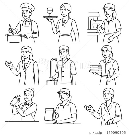 女性スタッフの職業イラストセット – 飲食・ホテル・宅配などサービス業のシーン集 129090596
