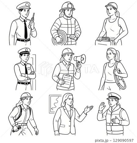 防災・インフラ関連の女性職業イラストセット – 警察官・消防士・建設作業員・避難誘導など 129090597