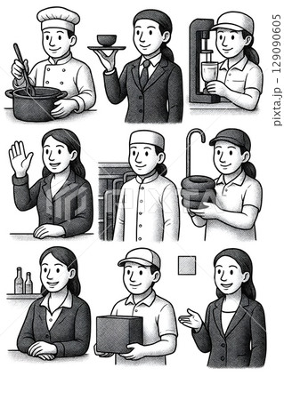 女性接客スタッフの職業別イラストセット – 飲食業やホテル業界で働く女性の表情と動作 129090605