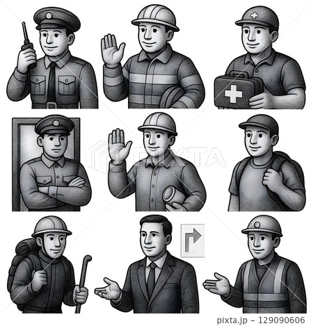 男性作業員と現場スタッフの安全職種イラストセット – 点検・救護・建設業のベクタースタイル 129090606
