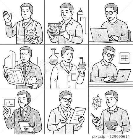 研究・開発・エンジニアの仕事アイコンセット（男性）｜設計・分析・実験など 129090614