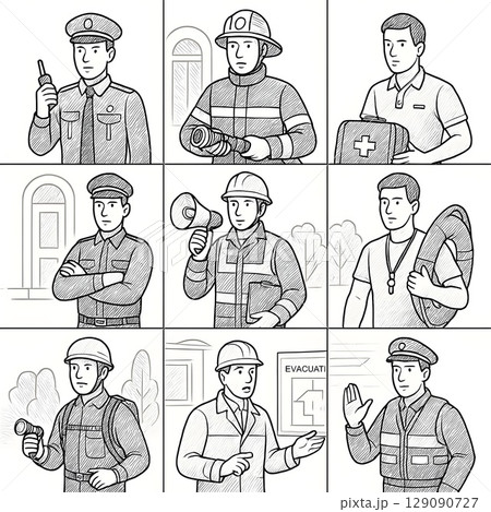 安全・防災に関わる職業アイコンセット(男性)|警察官・消防士・救命士など 安全・防災に関わる職業アイコンセット(男性)|警察官・消防士・救命士など 129090727