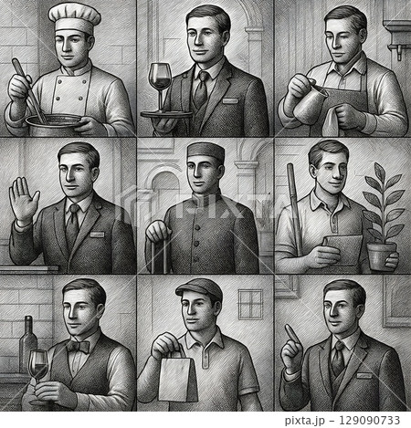 ホテル・レストラン業界の仕事アイコンセット（男性）｜フロント・料理・清掃など／エッチング風 129090733