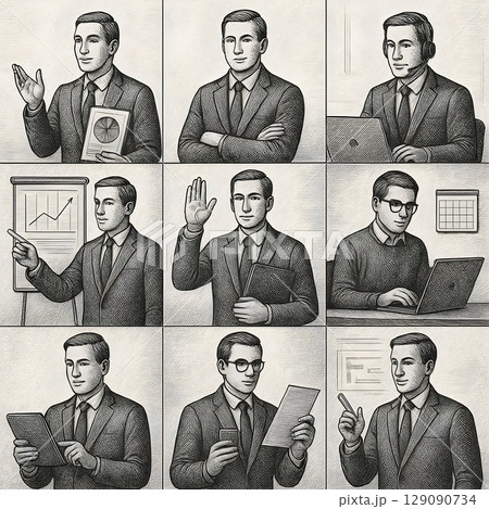 エッチング風ビジネスマンの仕事シーンセット|会議・営業・分析など エッチング風ビジネスマンの仕事シーンセット|会議・営業・分析など 129090734