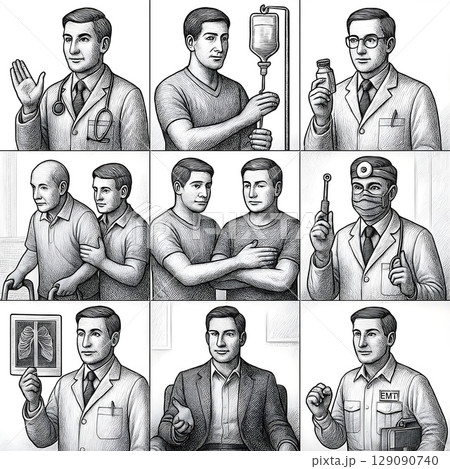 医療・介護職の仕事シーンセット（男性）｜診察・介助・在宅医療など／エッチング風 129090740