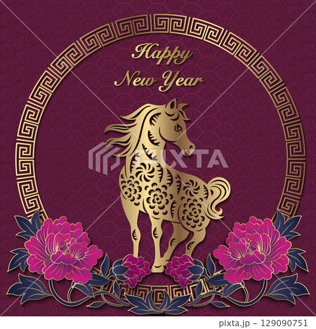 Happy Chinese new year of horse golden purple relief peony flower and lattice frame Happy Chinese new year of horse golden purple relief peony flower and lattice frame 129090751