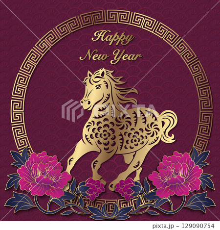 Happy Chinese new year of horse golden purple relief peony flower and lattice frame Happy Chinese new year of horse golden purple relief peony flower and lattice frame 129090754
