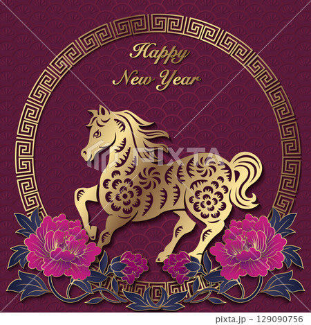 Happy Chinese new year of horse golden purple relief peony flower and lattice frame Happy Chinese new year of horse golden purple relief peony flower and lattice frame 129090756
