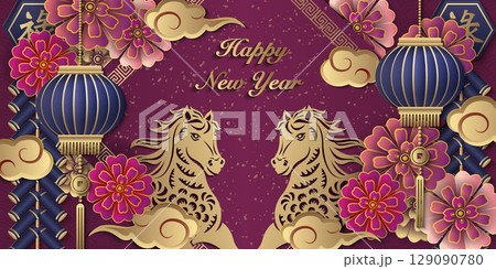 Happy Chinese new year of horse golden purple relief flower lantern cloud and firecrackers Happy Chinese new year of horse golden purple relief flower lantern cloud and firecrackers 129090780