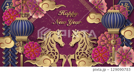 Happy Chinese new year of horse golden purple relief flower lantern cloud and firecrackers 129090783