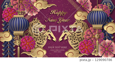 Happy Chinese new year of horse golden purple relief flower lantern cloud and firecrackers Happy Chinese new year of horse golden purple relief flower lantern cloud and firecrackers 129090786