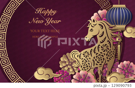 Happy Chinese new year of horse golden purple relief flower lantern cloud and round lattice tracery frame 129090793