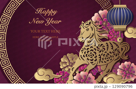 Happy Chinese new year of horse golden purple relief flower lantern cloud and round lattice tracery frame Happy Chinese new year of horse golden purple relief flower lantern cloud and round lattice tracery frame 129090796