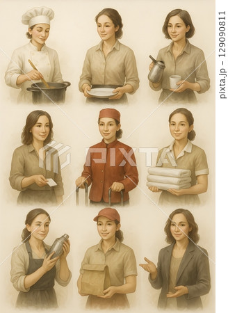女性サービス業スタッフの多職種イメージ(レストラン・ホテル・配達) 女性サービス業スタッフの多職種イメージ(レストラン・ホテル・配達) 129090811