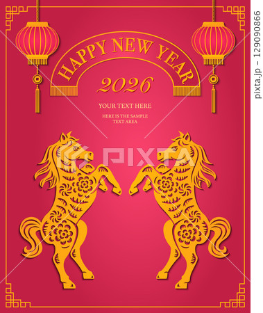 Happy Chinese new year of horse relief lantern and ribbon tag Happy Chinese new year of horse relief lantern and ribbon tag 129090866