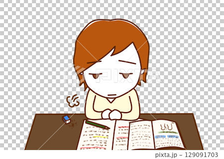 （上半身正面）勉強のやる気がなくなってため息をつきぼんやりする白人男性 129091703