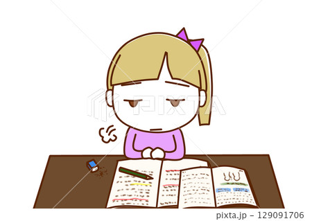 （上半身正面）勉強のやる気がなくなってため息をつきぼんやりする白人少女 129091706