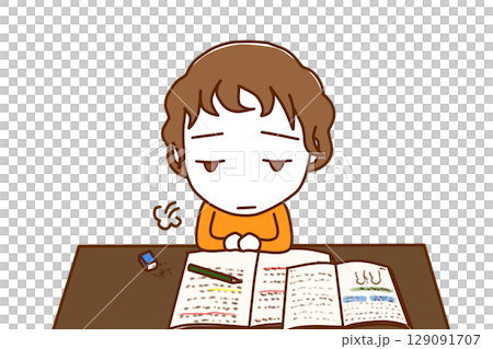 （上半身正面）勉強のやる気がなくなってため息をつきぼんやりする白人少年 129091707