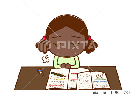 （上半身正面）勉強のやる気がなくなってため息をつきぼんやりするアフリカ系少女 129091708