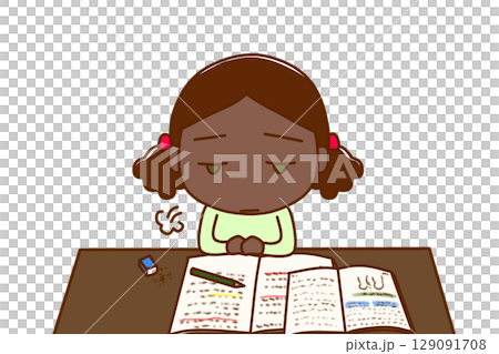 （上半身正面）勉強のやる気がなくなってため息をつきぼんやりするアフリカ系少女 129091708
