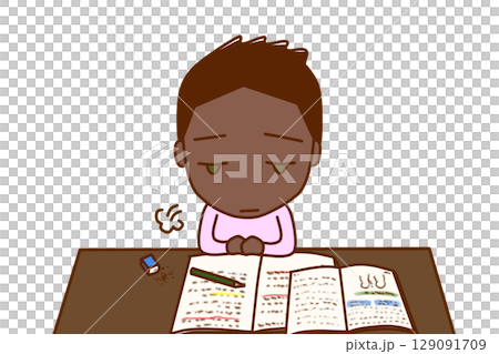 (Front view of upper body) An African-American boy who has lost motivation to study and is sighing and daydreaming 129091709