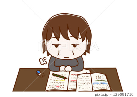 （上半身正面）勉強のやる気がなくなってため息をつきぼんやりする太った女性 129091710