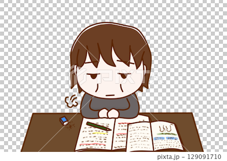 （上半身正面）勉強のやる気がなくなってため息をつきぼんやりする太った女性 129091710