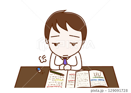 （上半身正面）勉強のやる気がなくなってため息をつきぼんやりする男性 129091728