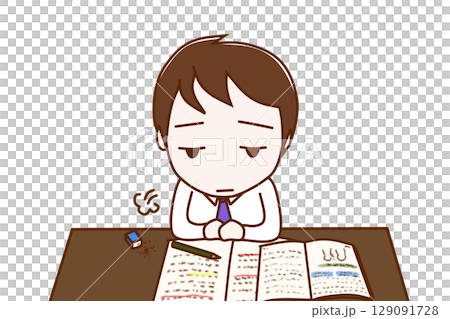 （上半身正面）勉強のやる気がなくなってため息をつきぼんやりする男性 129091728