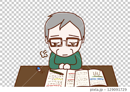 （上半身正面）勉強のやる気がなくなってため息をつきぼんやりするメガネをかけたオタク 129091729