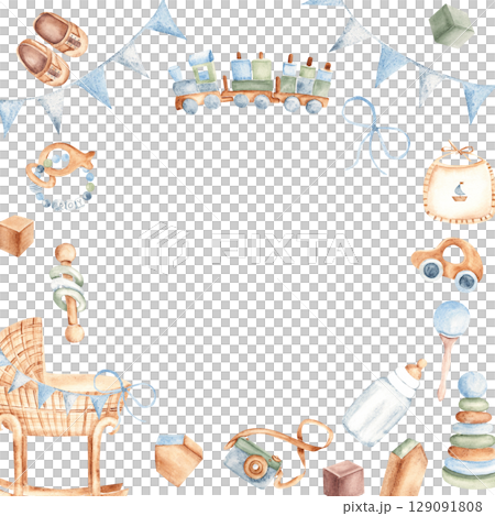 Baby boy Frame with Toys, clothes and cradle. Baby Shower border. Hand drawn watercolor illustration in pastel colors. For newborn greeting cards, invitations, gender reveal party. Baby boy Frame with Toys, clothes and cradle. Baby Shower border. Hand drawn watercolor illustration in pastel colors. For newborn greeting cards, invitations, gender reveal party. 129091808