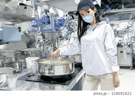 給食センターで料理を作る女性のイラスト素材 129091822