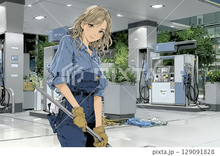 ガソリンスタンドで笑顔で働く女性スタッフのイラスト素材 働く女性シリーズ ガソリンスタンドで笑顔で働く女性スタッフのイラスト素材 働く女性シリーズ 129091828