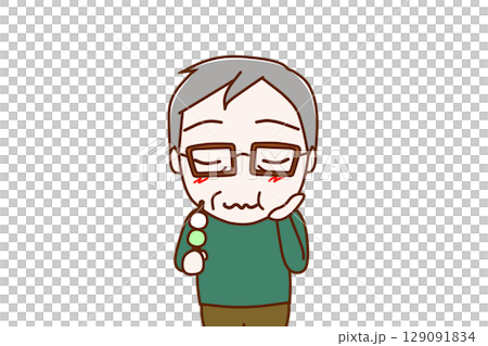 (Front view of upper body) An elderly man enjoying a delicious three-colored dumpling (Front view of upper body) An elderly man enjoying a delicious three-colored dumpling 129091834