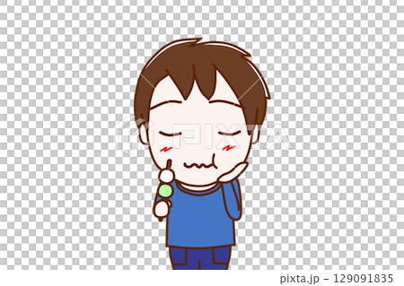 （上半身正面圖）一個男孩正在享用美味的三色餃子 129091835