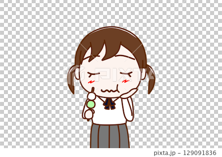 (Front view of upper body) A female student enjoying the taste of three-colored dumplings (Front view of upper body) A female student enjoying the taste of three-colored dumplings 129091836