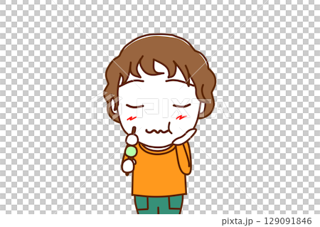 （上半身正面）三色団子を美味しく堪能し味わう白人少年 129091846
