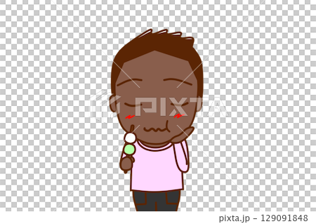 (Front view of upper body) An African boy enjoying a delicious tricolored dumpling (Front view of upper body) An African boy enjoying a delicious tricolored dumpling 129091848