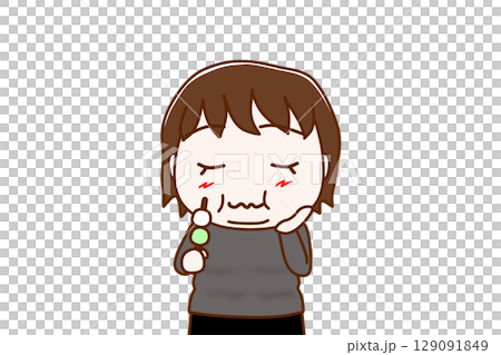 (上半身正面照)一位胖女人正在享用美味的三色餃子 (上半身正面照)一位胖女人正在享用美味的三色餃子 129091849