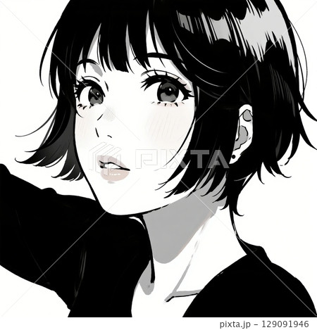 ショートヘアーの清楚な女性のモノクロイラスト 129091946