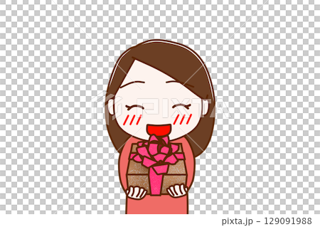 (上半身正面)お祝いの花束を笑顔で渡そうとする女性 (上半身正面)お祝いの花束を笑顔で渡そうとする女性 129091988