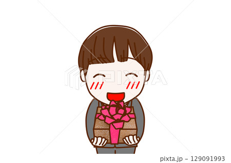 （上半身正面）お祝いの花束を笑顔で渡そうとする男子学生 129091993