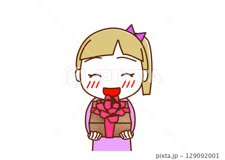 （上半身正面）お祝いの花束を笑顔で渡そうとする白人少女 129092001